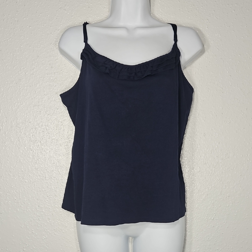 Talbots Petites Navy Blue Ruffle Trim 100% Pima Cotton Super Soft tank tee L